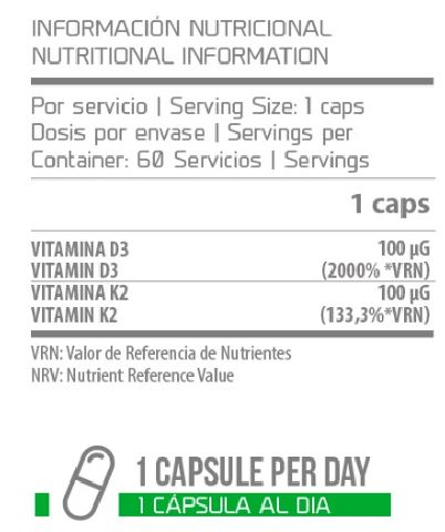 Información Nutriciona Vitamina D3 + K2 60 Caps - ProCell